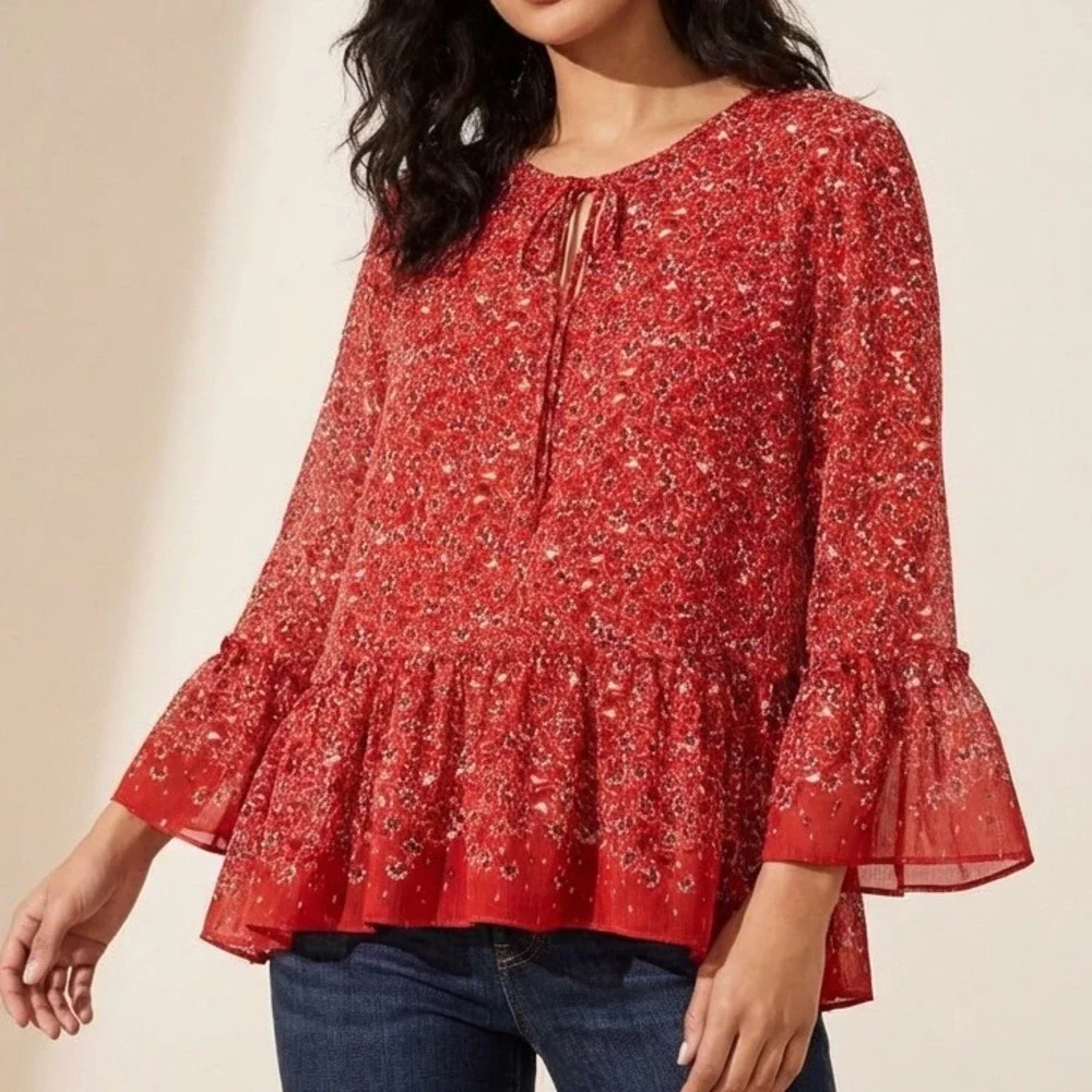 Max‎ Studio Women Red Sz XL Peasant blouse bell sleeves tiered/ruffle hem